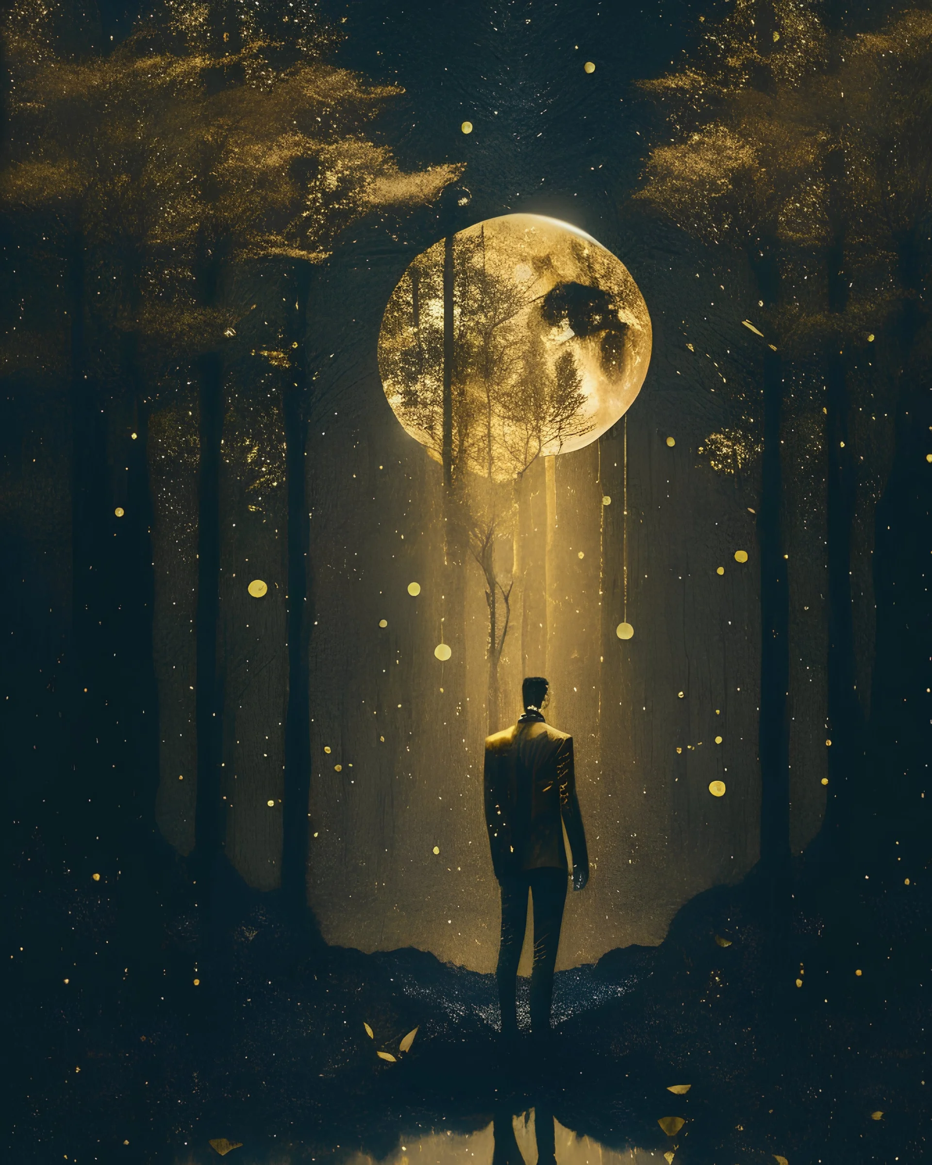 A man in the forest and a gold rain and a passing moon