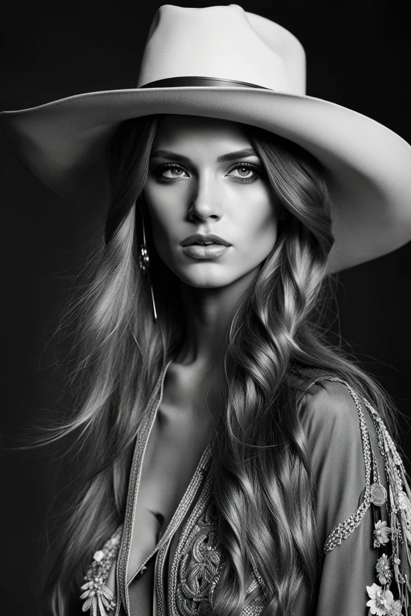 high fashion magazine, high quality b&w studio photography, portrait of a hippie cowgirl, young german beauty model, longer hair, beautiful face, beautiful bra advertising