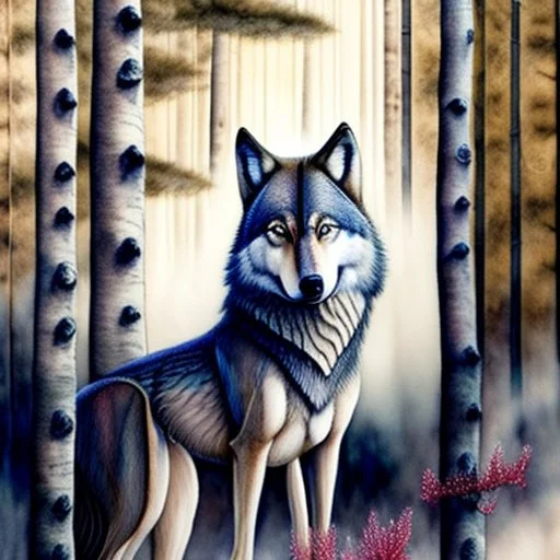A mesmerizing painting that showcases the captivating beauty of a wolf. The wolf's body is intricately detailed, with its fur rendered in a myriad of textures and shades. At the center of the wolf's body, a stunning watercolor landscape unfolds, capturing the serene atmosphere of a foggy forest. Towering pine trees rise above the mist, their branches delicately outlined against the soft, green sky. A silhouette of a deer stands at the forest's base, gazing intently into the distance. The predomi