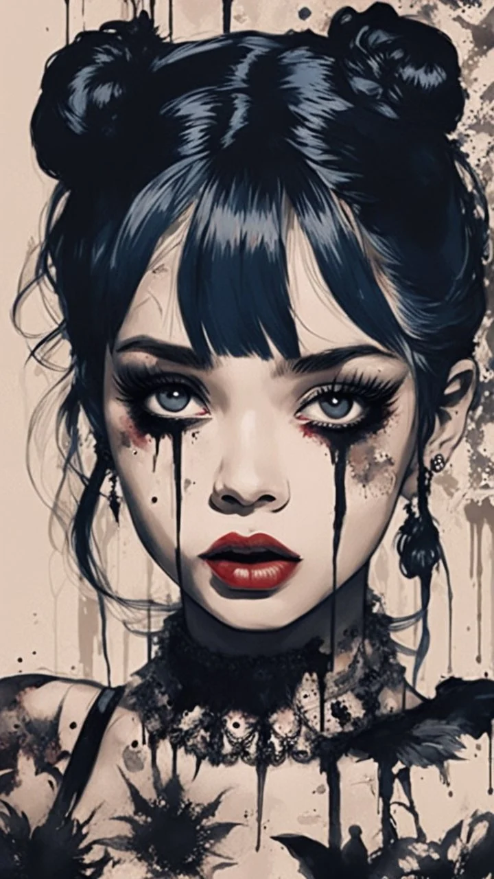 Poster in two gradually, a one side malevolent goth vampire girl face and other side the Singer Melanie Martinez face, full body, painting by Yoji Shinkawa, darkblue and sepia tones,