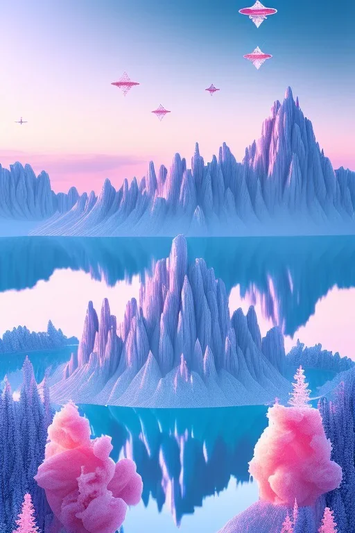  mountain topped with pink ice-cream, lake, trees, mystical, Orphism,