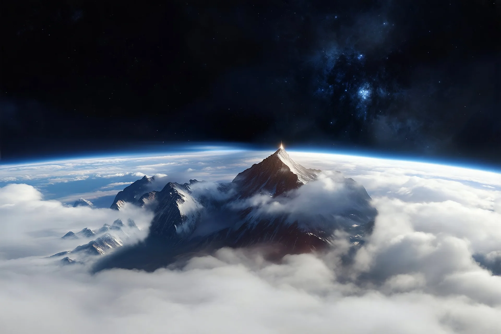 a fog planet's atmosphere is pierced by a single sharp mountain peak. a curved horizon separates the starry space