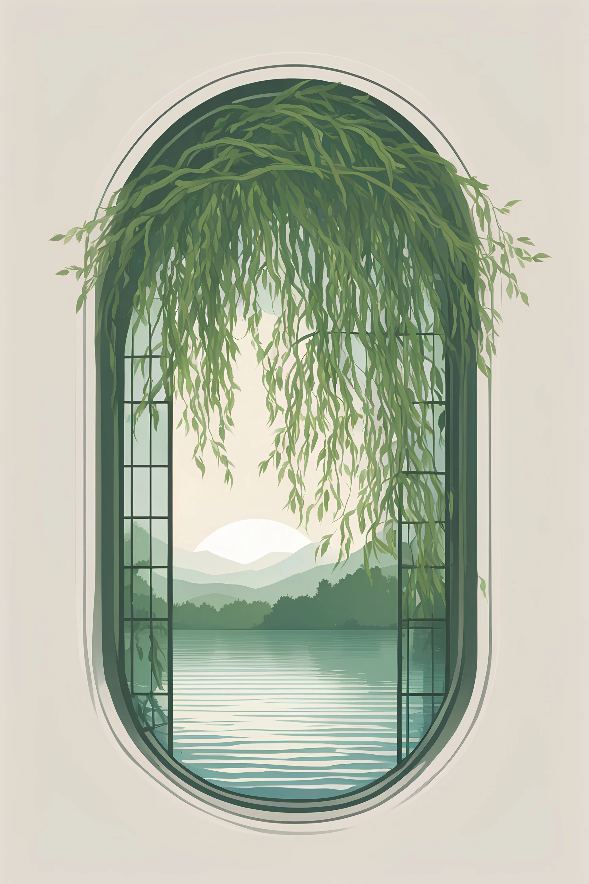 Simple Logo of a pretty willow tree with long green flowing hanging branches outside a window. The window is square with a grid and arch on top, emphasize the window and arch, serene tranquil background with a body of water.