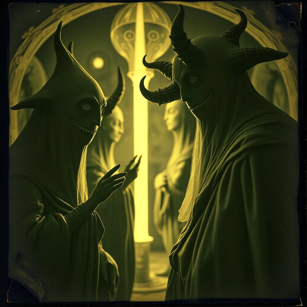 Daguerrotype close up some mysterious figures, odd background, Hieronymus Bosch Max Ernst ambient light, by Minicavio Quollati and Marlost Endgulp, Amano, Botticelli, Alphonse Mucha