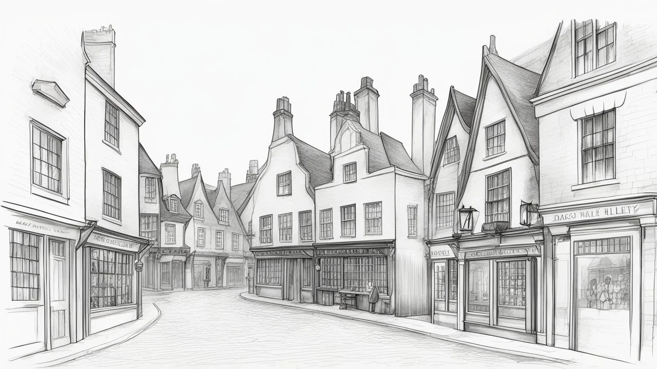 Ground-level black-and-white outline sketch of Diagon Alley, houses, and shops, with tall, crooked roofs and chimneys