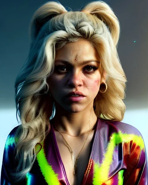 portrait, Shakira, blonde artist, angry, Realistic image, MMA robe, hoodie, mma gloves, loose long hair, eyes make up, gold line make up, moisture, sweat, fog, goddess, Neon colors, leds. Black background, photo studio, concept art, smooth, unreal engine 5, god lights, ray tracing, RTX, lumen lighting, ultra detail, volumetric lighting, 3d, finely drawn, high definition, 4k.