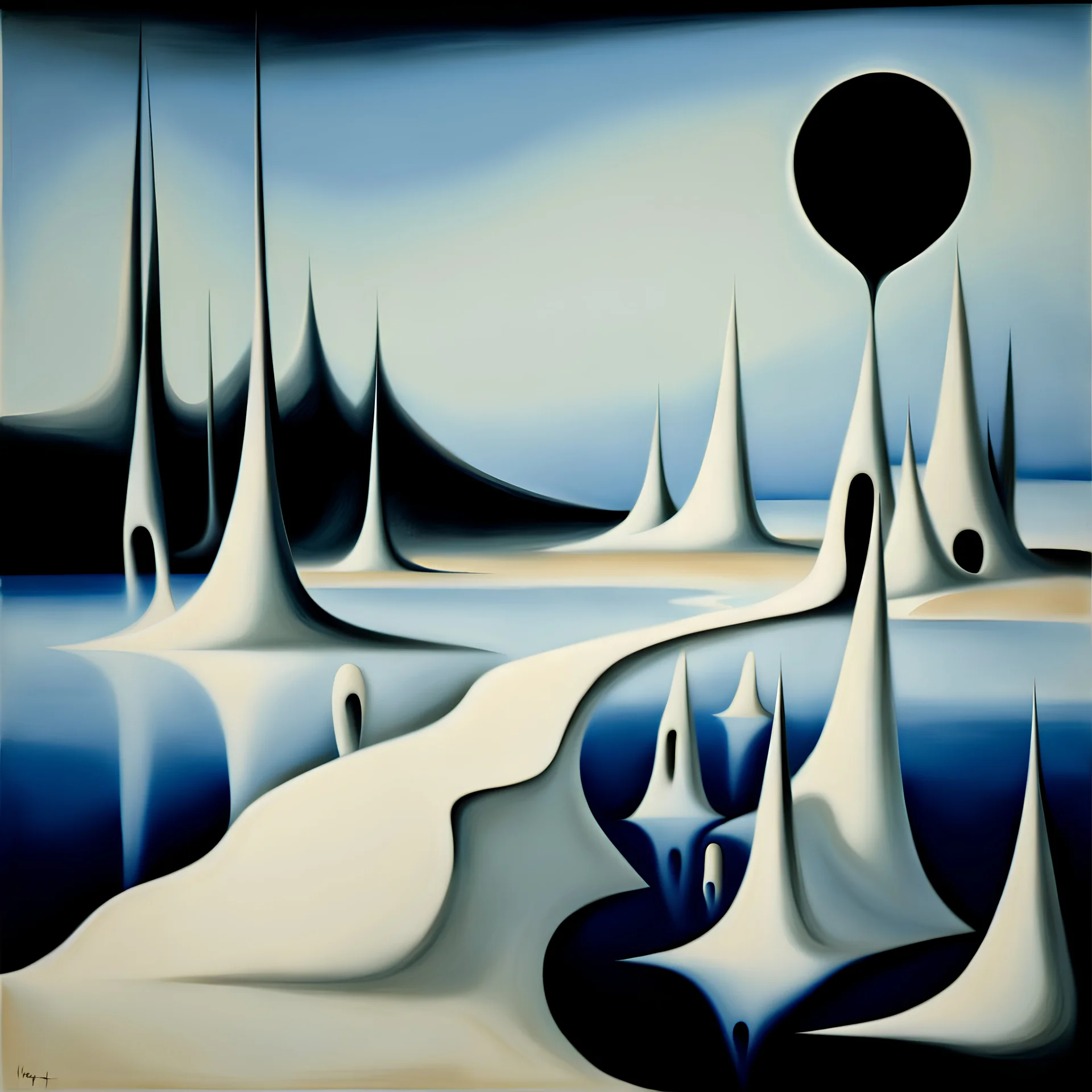 Landscape with nonsense forms, white, blue, Yves Tanguy, shadows, creepy