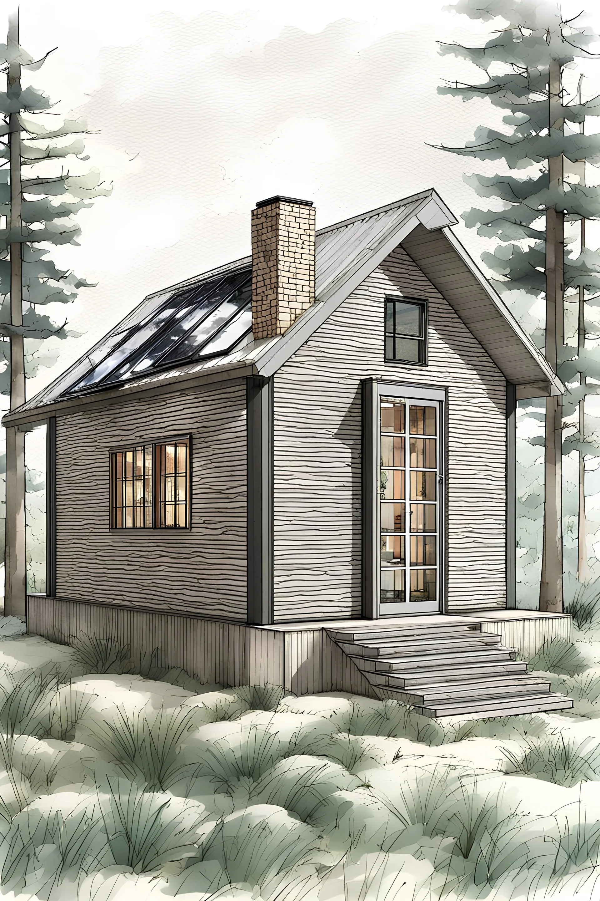 Make this cabin a small modern minihouse with large floor to ceiling windows, black composite materials, steel, glass style. Add solarpanels to ceiling. Make a nice modern garden. It should be evening with smooth light settings. Ultra realistic, 3-d rendered