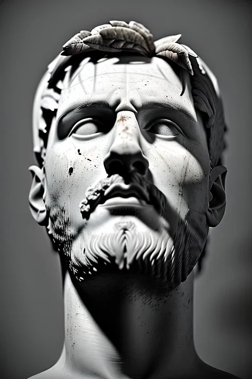 Ultra Realistic image, roman sculpture, white marble material, Lionel Messi, Laurel leaves wreath, miguel angel style, chisel style, emperador, waist up portrait, epic, celestial, cinematic lighting, God light, god rays, 4k resolution, smooth details, ornate details, soft lighting, unreal engine 5, sky and clouds background.