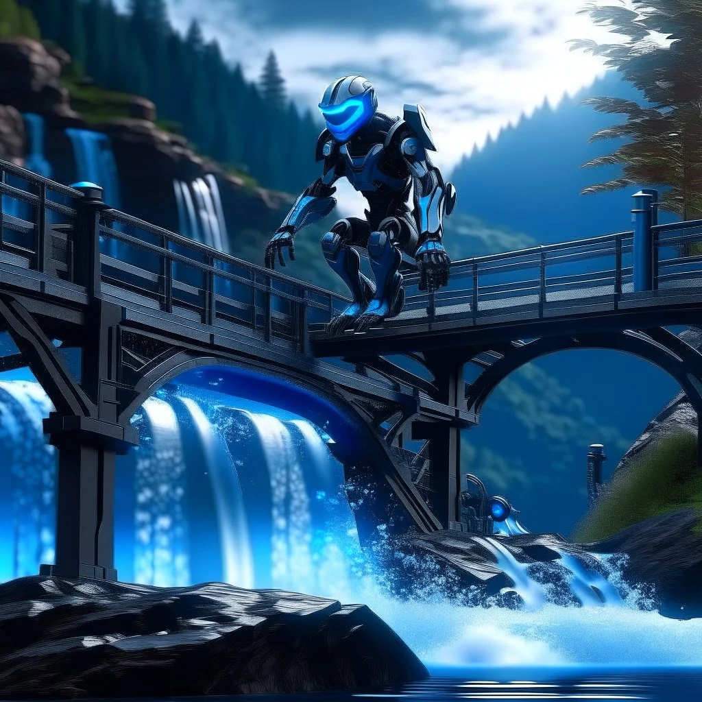 ninja robot doing bike stunt on bridge over waterfall, 8k, down-light, soft light, depth of field, photo realism, trending on art station, high detail