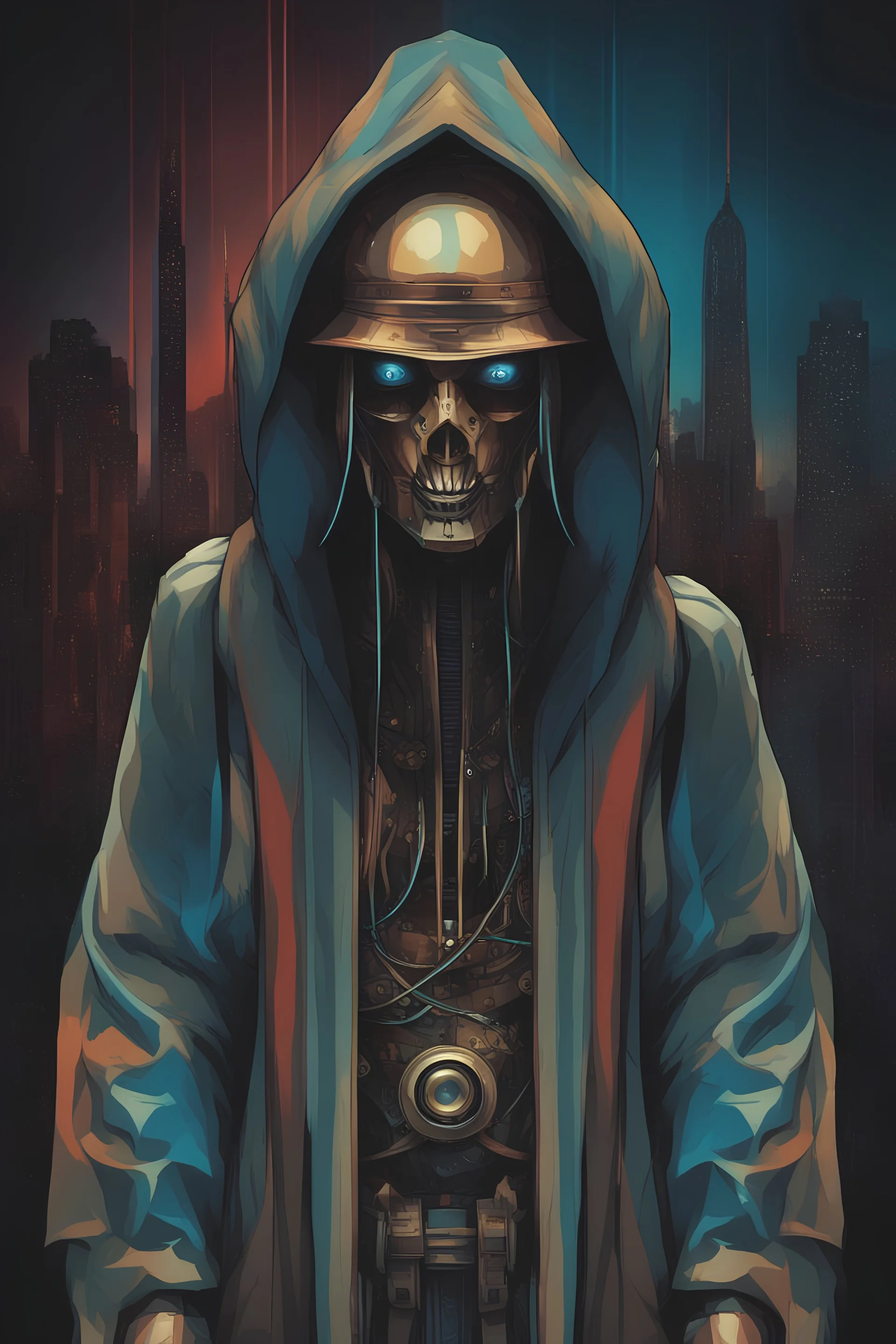 Leonardo Da Vinci style. Colorido. Whole body. Masterpiece of a hooded killer Cyborg, his eyes are intense, (((full body))), contrasting colors. Fondo ciudad