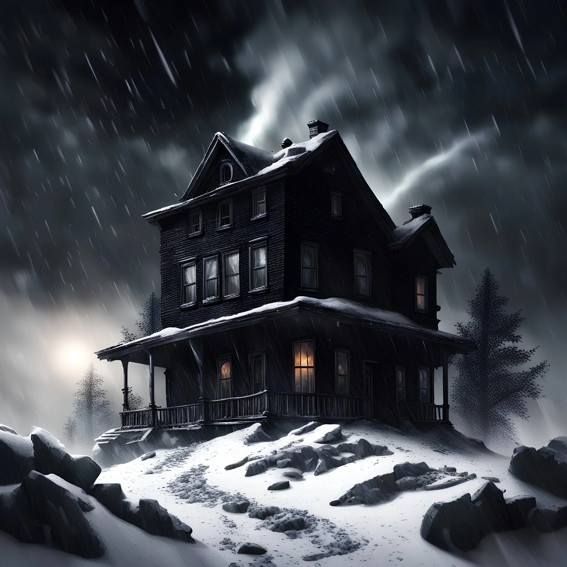 Hyper Realistic black abandoned dark haunted house on the top of a mountain at heavy snowfall night with tornado behind