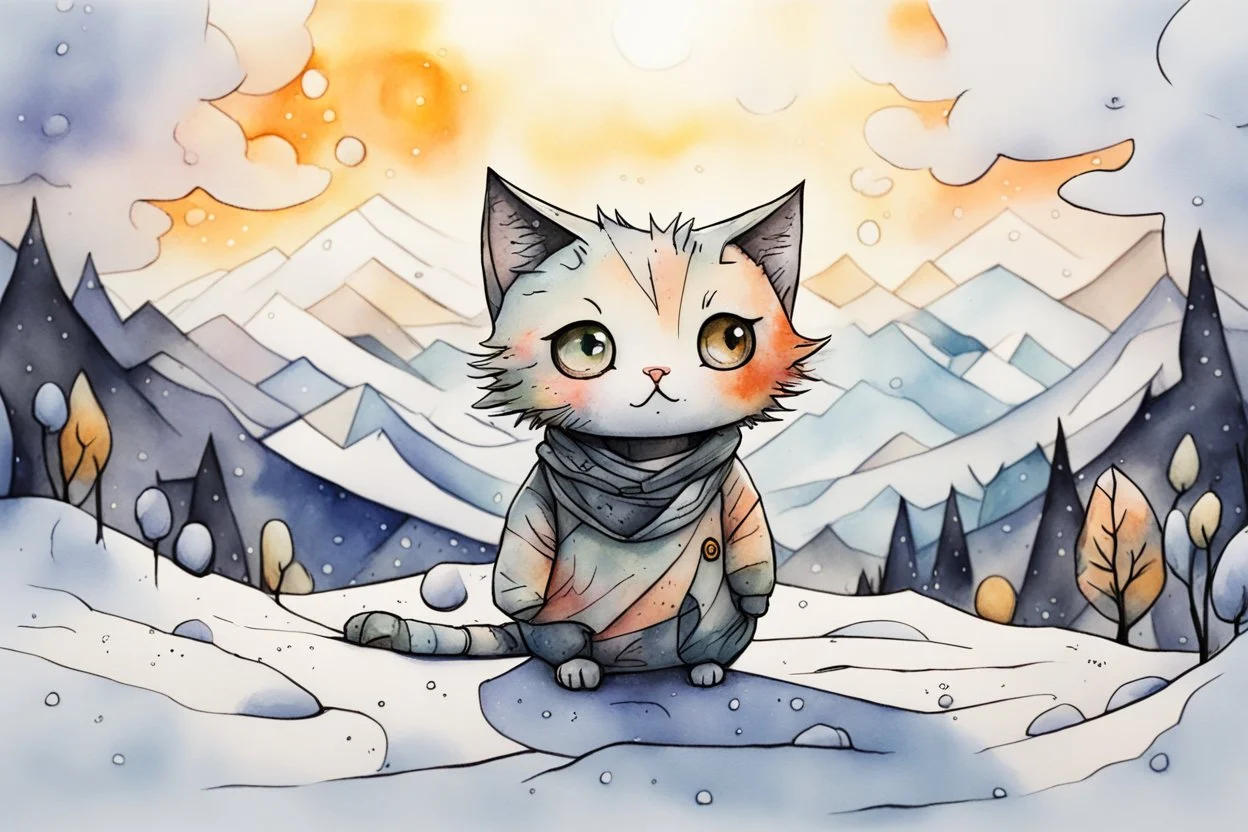 cute chibi anime frightened cat, crashed airplane in the snowy mountains, styles of Paul Klee Dee Nickerson and Tim Burton, melting watercolor and black ink outlines on wet paper, soft, shading strokes, in sunshine, ethereal, otherwordly, cinematic postprocessing, bokeh, dof