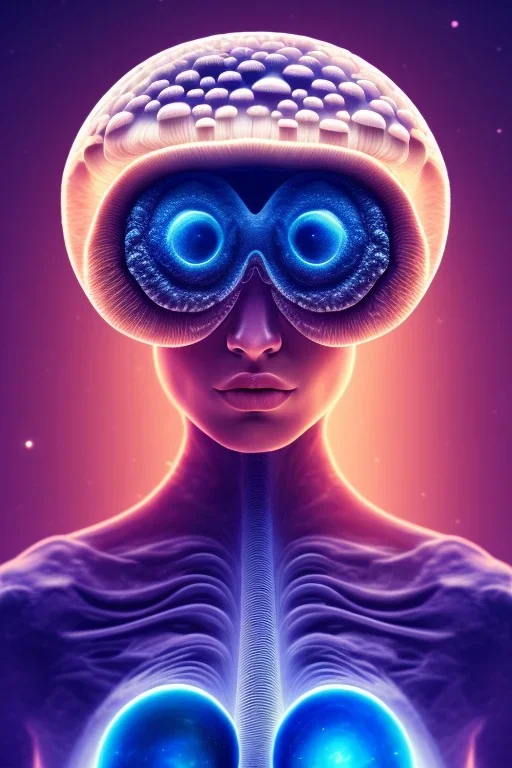 real human with mushroom head, meditating, universe, symmetry,