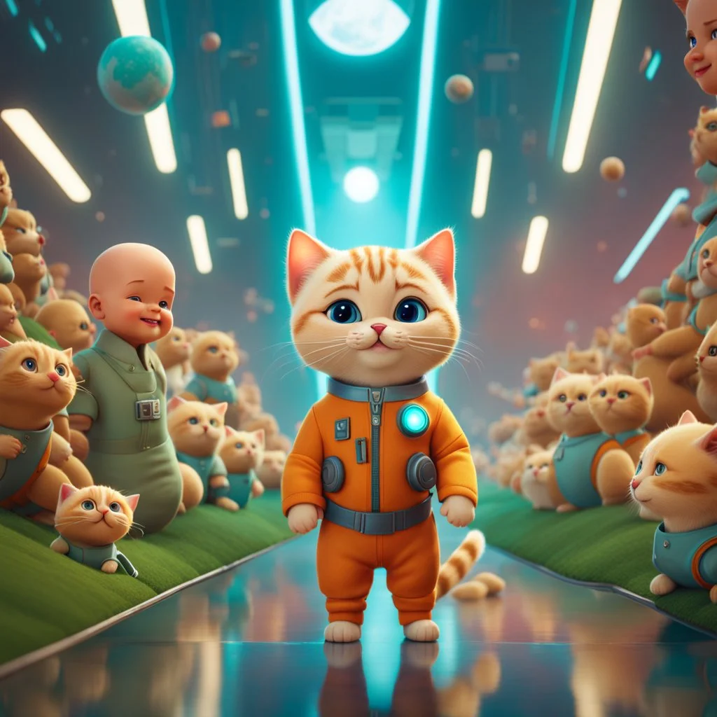 (masterpiece, best quality, 8k, RAW photo, beautiful and aesthetic:1.2), complex detail, Indirect light, photorealistic, (((full body))), Cosmic Boss Baby style smiling, bald, with a ginger cat companion, colorfull Sci-Fi environment