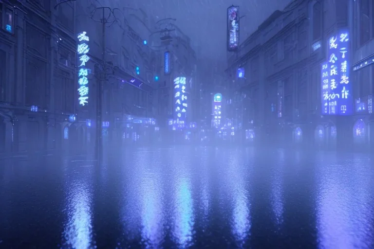 Cinematic, romantic, atmospheric, night, Tokyo, dark, rain, high definition, blue neon lights, blender 3d