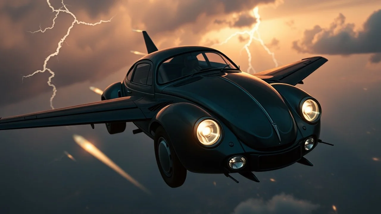 a high definition screen shot of a jet-fighter vw-beetle, retrofuturistic, phototrealism, in flight, one subject, thunderstormncc 1701 enterprise Macabre Rapture End of days Revelation scene,