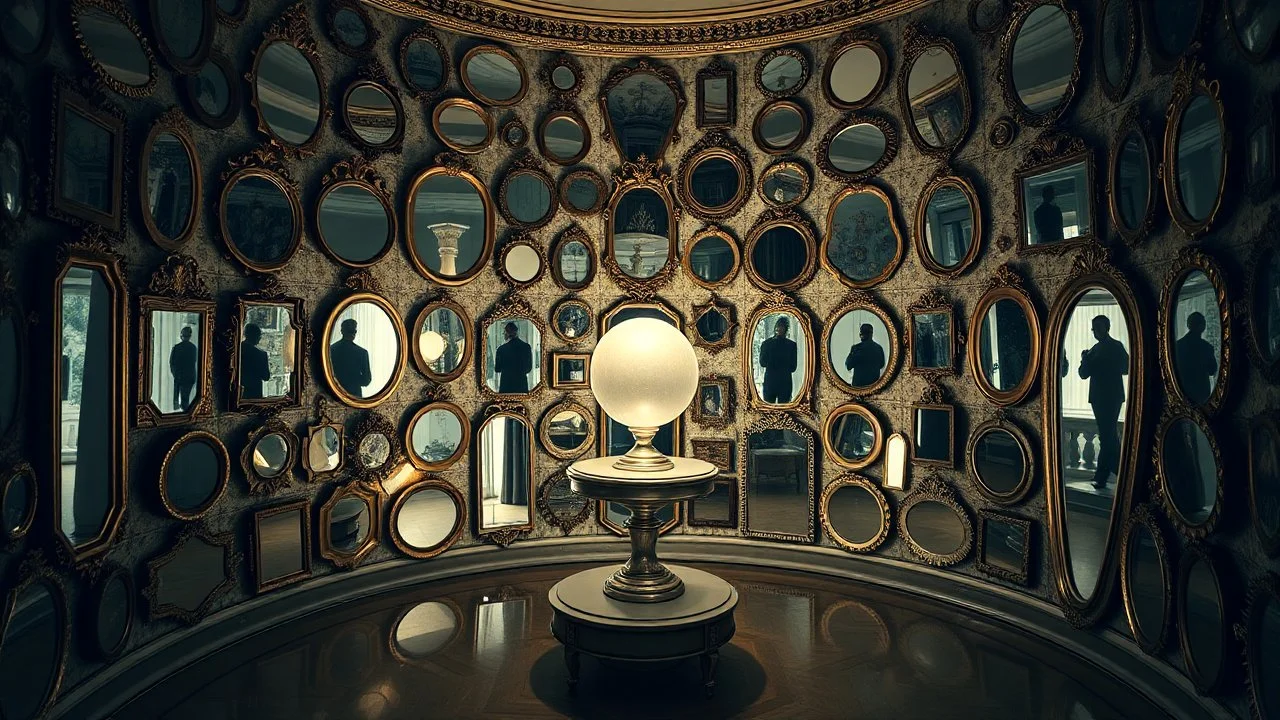 A circular room with walls completely covered with antique mirrors of different sizes and shapes. In the center, a pedestal with a glass sphere emits a soft, warm light. The reflections in the mirrors seem to show figures that are not present in the room.