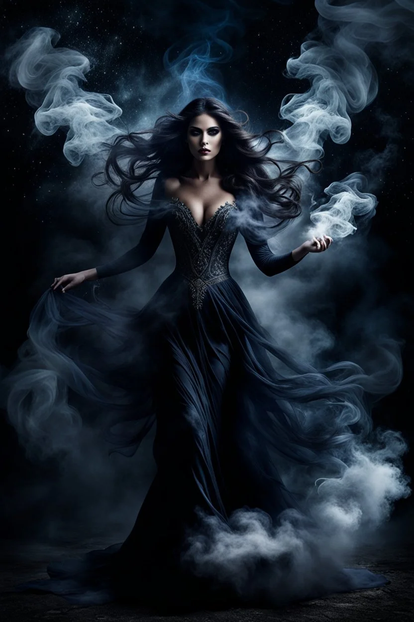 In the depths of the night, a stunningly beautiful demonic woman dressed in a smoke flying gracefully through in the dark smokey night, her every movement seeming to exude an otherworldly allure. The dark and mystic atmosphere is heightened by the smoky background with stars, creating a surreal and hauntingly beautiful scene. The dark colors of her dress blend seamlessly with the fog, making her appear as if she is a part of the very air itself, masterpiece, dark fantasy