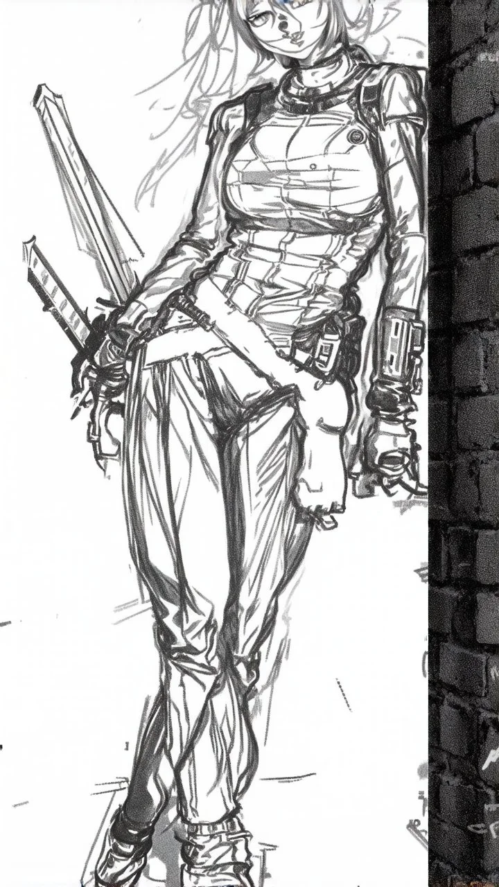 teen woman in retro-futurist cyberpunk costuming with pants and sheathed swords leaning to the side with shoulder against a brick pillar, add a background of brick with graffiti of a large arrow pointing to the right and text of the word "PUB" on lower left