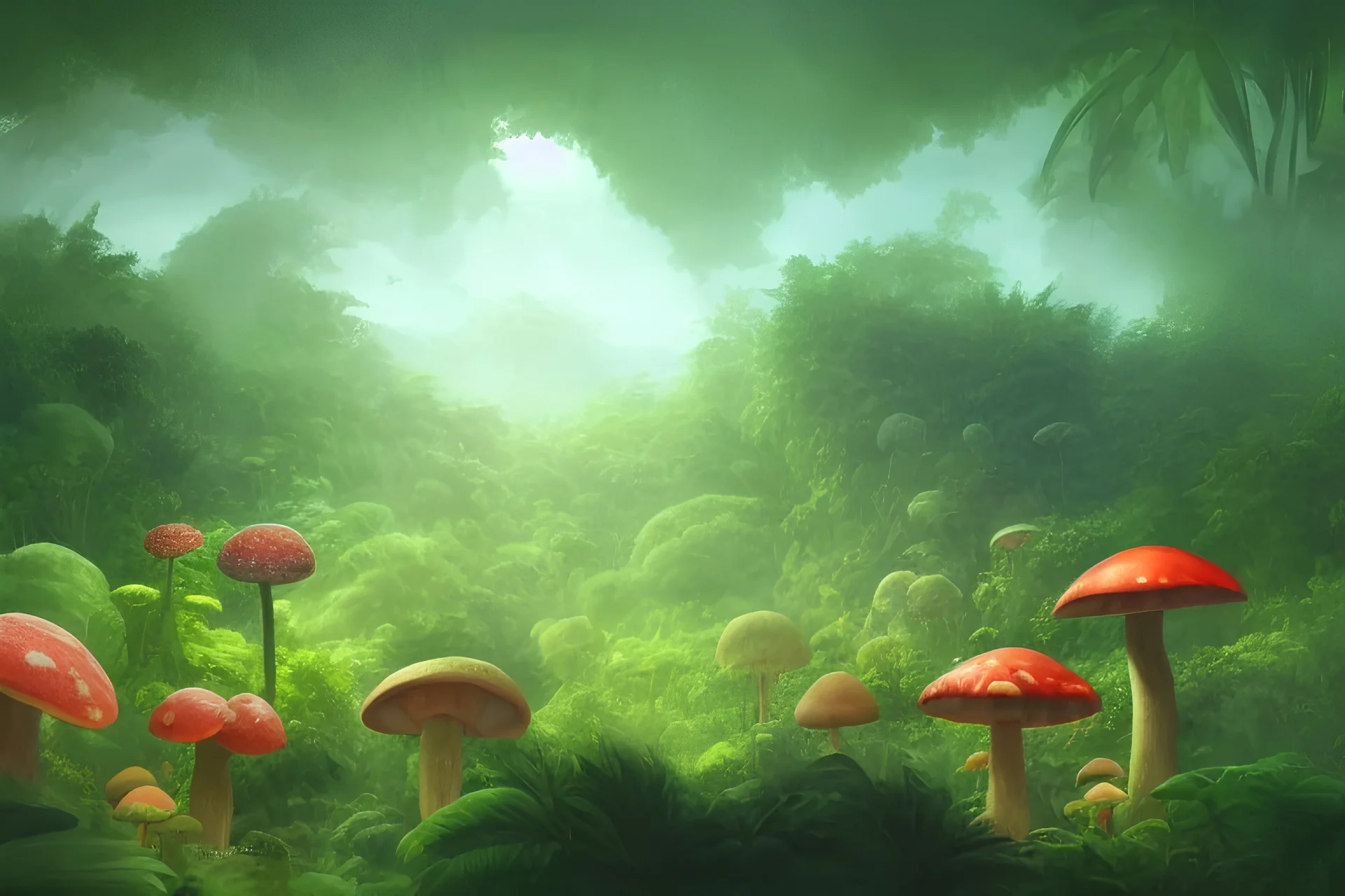 jungle on an alien planet with massive flowers, fruits and mushrooms, wideangle view, volumetric lighting, volumetric clouds, small minutiae, tiny features, particulars, precise pencil outlines, sharp lines, cinematic art by jessada sutthi