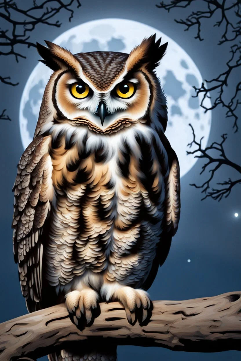 a horned Owl sitting on branch in oak tree with full moon behind it