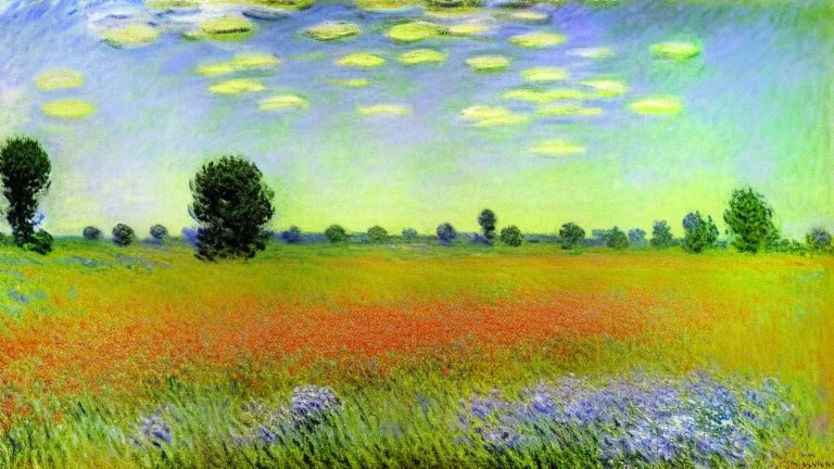 Sunny day, prairie, tree, flowers, claude monet painting