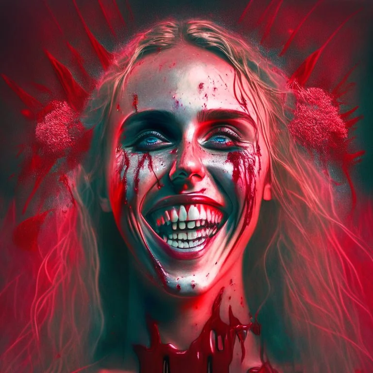 smiling Singer Danish MØ face, blood, guts, wildflower, cosmic, futuristic, iridescent, intricate, darkred tones,