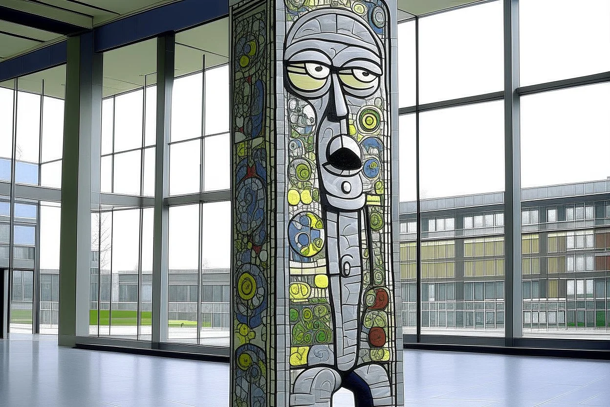 A gray giant and tall clock tower painted by Jean Dubuffet