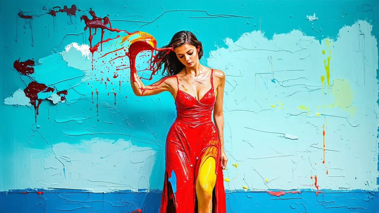 a woman in acrylic paint, pouring paint on herself in the style of an artistic dress, full figure in a natural setting, a ruined sky blue wall, photo, intriguing colors, paint pain with prompts