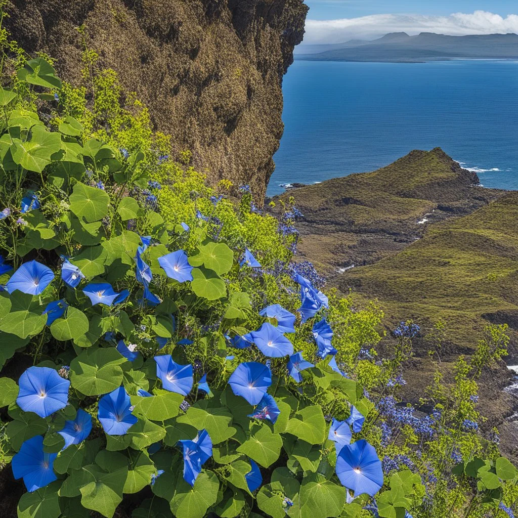 a cliff on the galapagos island, there are pretty blue and white morning glory vines with flowers grown up