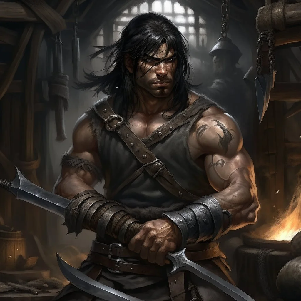 The large and furious black haired blacksmith "Big K" grimdark realistic apocalypse survivor