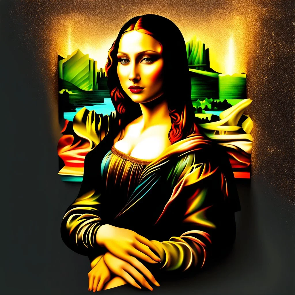 Imagine Mona Lisa as a modern girl, in a modern suit, women's white shirt, jean pants, lifting effect makeup, nude lips, glitter - glitter, full color eyelids, ultra quality, hyper-detailed, digital art, 8k