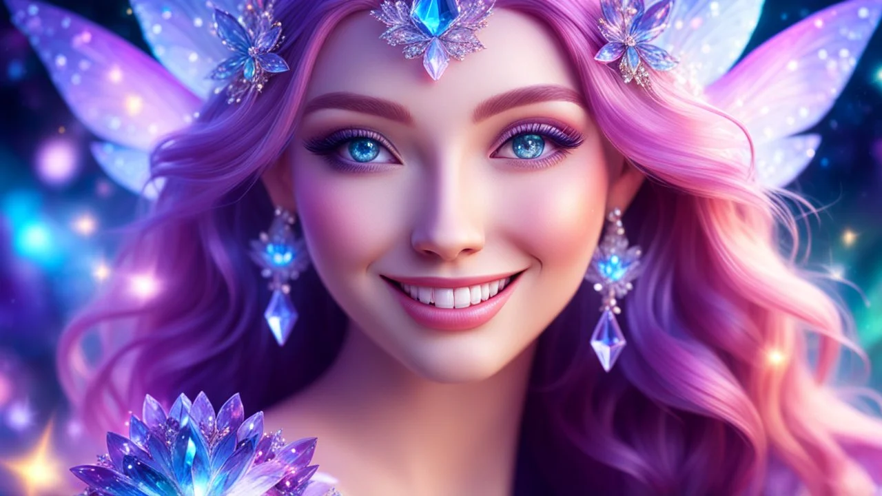 macro photorealistic portrait, sparkling magical fantasy crystal smiling fairy , very detailed, amazing quality, intricate, cinematic light, highly detail, beautiful, surreal, dramatic, galaxy fantasy colors, <lora:SDXLFaeTastic2400:0.3>