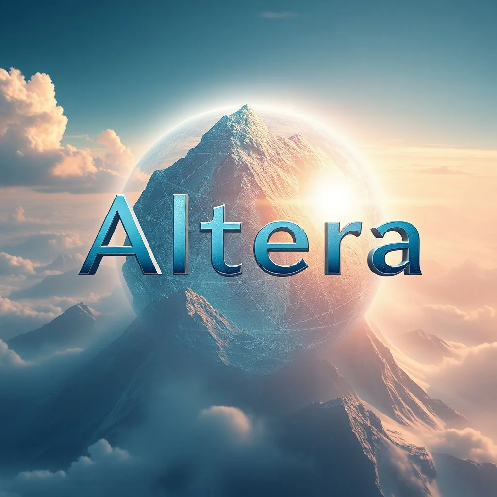 Can you create a nice cool logo for my account "Altera", "the world never existed" ,"reality ,reimagined",add 3d background, future world ,3d text
