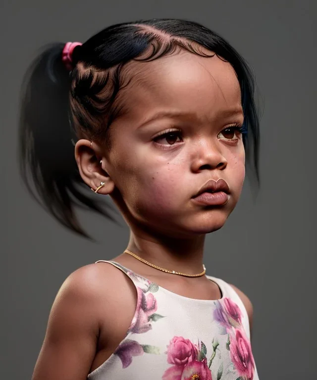 Rihanna toddler, full height, floral dress, soft skin, dramatic lighting, hyper realistic