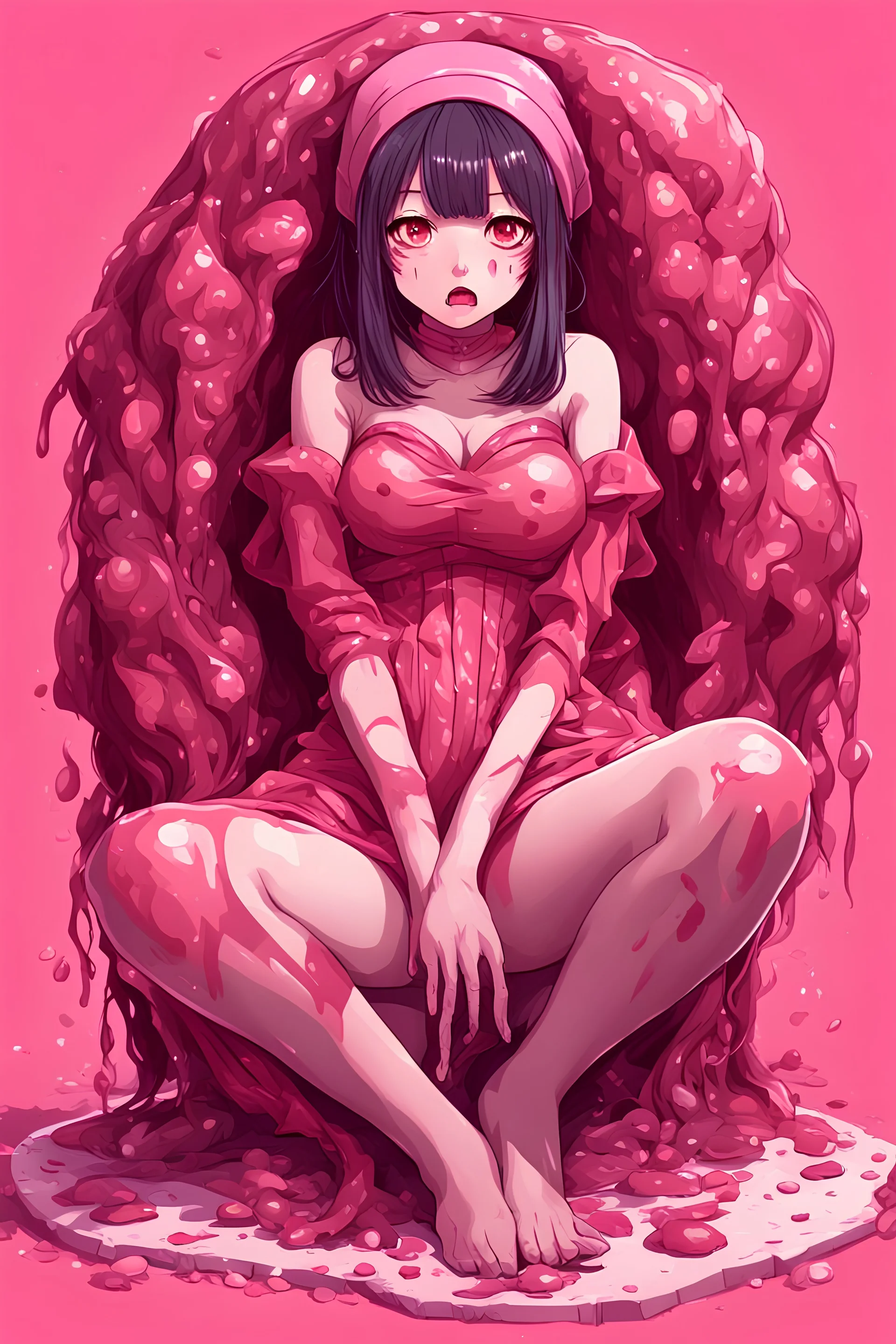 Anime girl crushed inside really darkred fleshy stomach filled with digestive juices, sit pose, fullbody, serius, tears, Junji Ito style, pink tones, pastel tetradic colors, 3D vector art, isometric style, retro aesthetic,