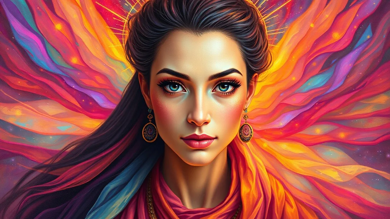 A spiritually radiant Oracle, exuding vibrancy and energy in every aspect of their being: their flowing robes shimmer with otherworldly colors, their eyes sparkle with profound wisdom, and their presence is captivatingly powerful. This awe-inspiring portrait, likely a painting, expertly captures the Providential Visionary's vivacious spirit in vivid detail. The image is of exceptional quality, the colors rich and vibrant, bringing the subject to life with extraordinary clarity and depth.