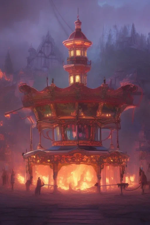 An Abandoned Carousel In Flames, Hyperdetailed, Digital Painting, Digital Illustration, Extreme Detail, Digital Art, 4k, Ultra Hd, Realistic And Natural, Detailed, Hyperrealism, Concept Art, Matte Painting, Trending On Artstation, Greg Rutkowski, Johan Grenier .