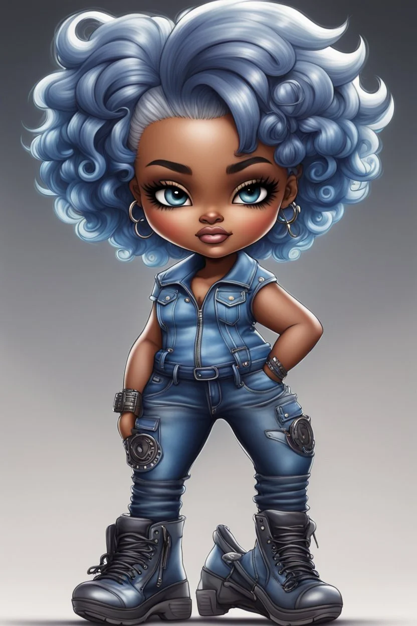 create an airbrush illustration of a chibi cartoon voluptuous black female wearing a blue jean outfit with biker boots. Prominent make up with hazel eyes. Extremely highly detail of a very low platinum blonde pixie haircut. Background of a bike show.