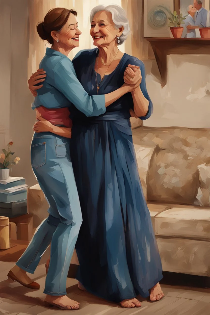 heartwarming cinematic illustration of a loving bond between a daughter and her elderly mother. The daughter, dressed casually in jeans and a blouse, has her arm wrapped around her mother's waist, while the mother, adorned in a bright, flowing gown, gracefully guides her through the dance. Their faces are a picture of joy, with the mother's radiant smile and the daughter's beaming eyes reflecting the love they share. The cozy living room, adorned with cherished family photos and decorations, cre