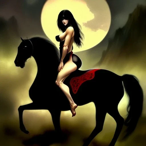 ultra detailed portrait of beautiful Vampirella Riding a black horse,wearing plate armor, extremely detailed digital painting, in the style of A.J. Manzanedo and FRANK FRAZETTA and Earl Norem and fenghua zhong and ruan jia and jeremy lipking and peter mohrbacher, mystical colors, rim light, beautiful lighting, 8 k, stunning scene, raytracing