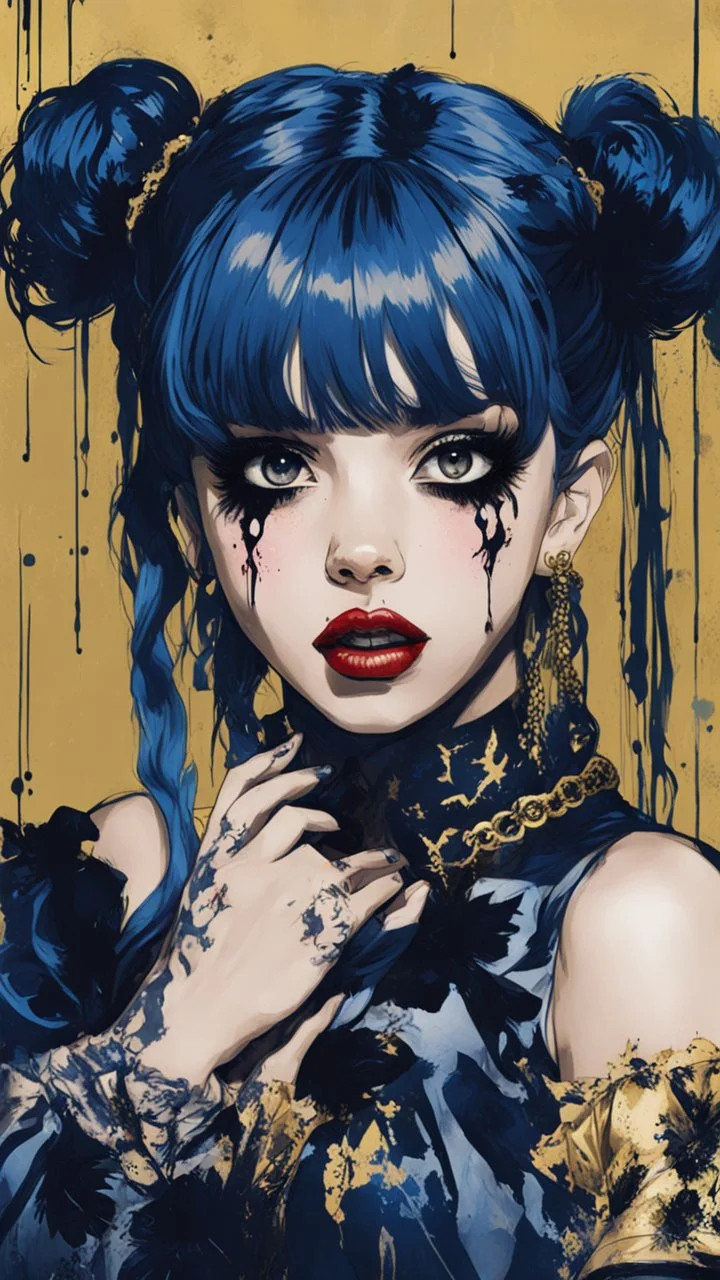 Poster in two gradually, a one side malevolent goth vampire girl face and other side the Singer Melanie Martinez face, full body, painting by Yoji Shinkawa, darkblue and gold tones,