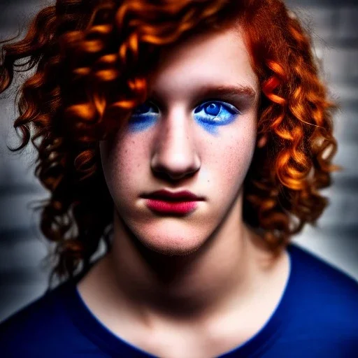 teen, male, with flopwing red curly hair, blue eyes, head shot, model, real photo, soft lighting