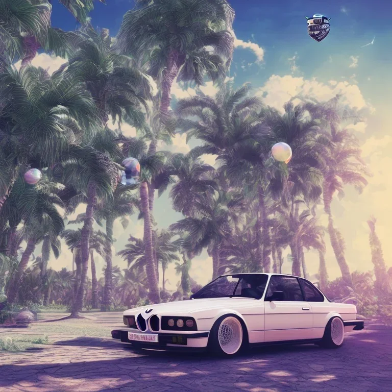 1980's aesthetic vaporwave palm trees and spheres and bmw