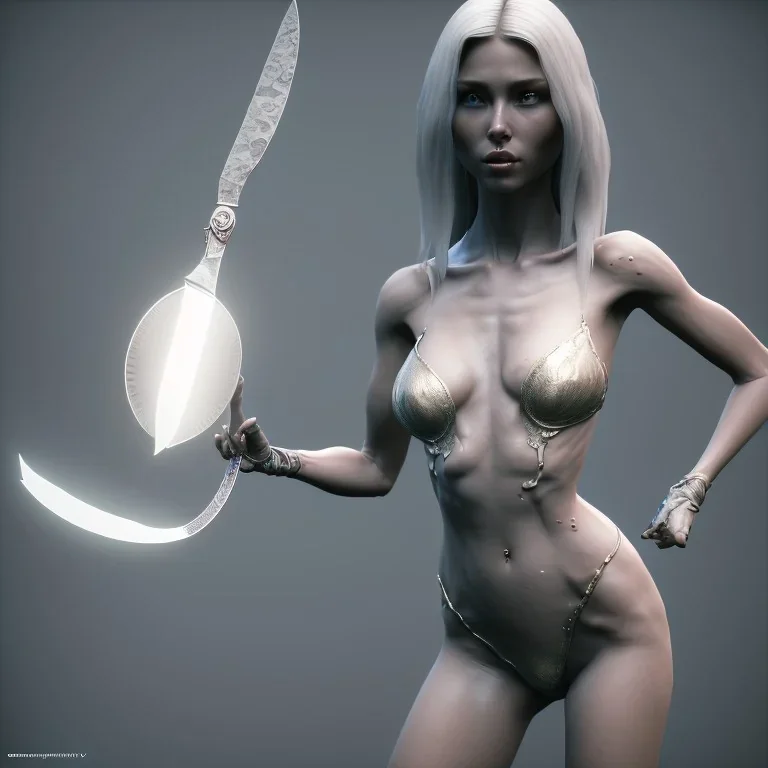 in the style of Vladimir Petkovic, full body portrait of woman in the style of unreal engine, 3d sculpted, mdjrny-v4 style, highest quality render, cinema 4d, zbrush, flowing hair, perfect face, holding bloody knife, fighting stance, wearing torn bikini and military boots with perfect legs, a beautiful full frame portrait digital painting of futuristic cyberpunk city lighting,