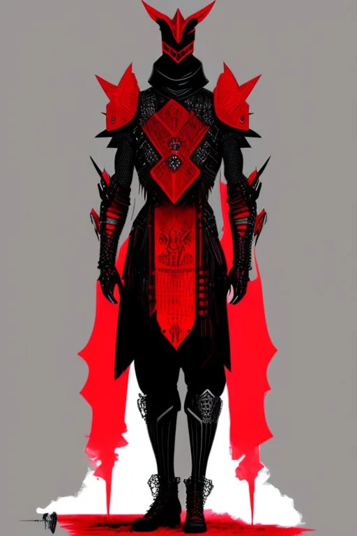 a man modern in military science fiction armor, the armor must be made of spiritual fabric, black and red. a fabric similar to that worn by men of the witch church of the past.