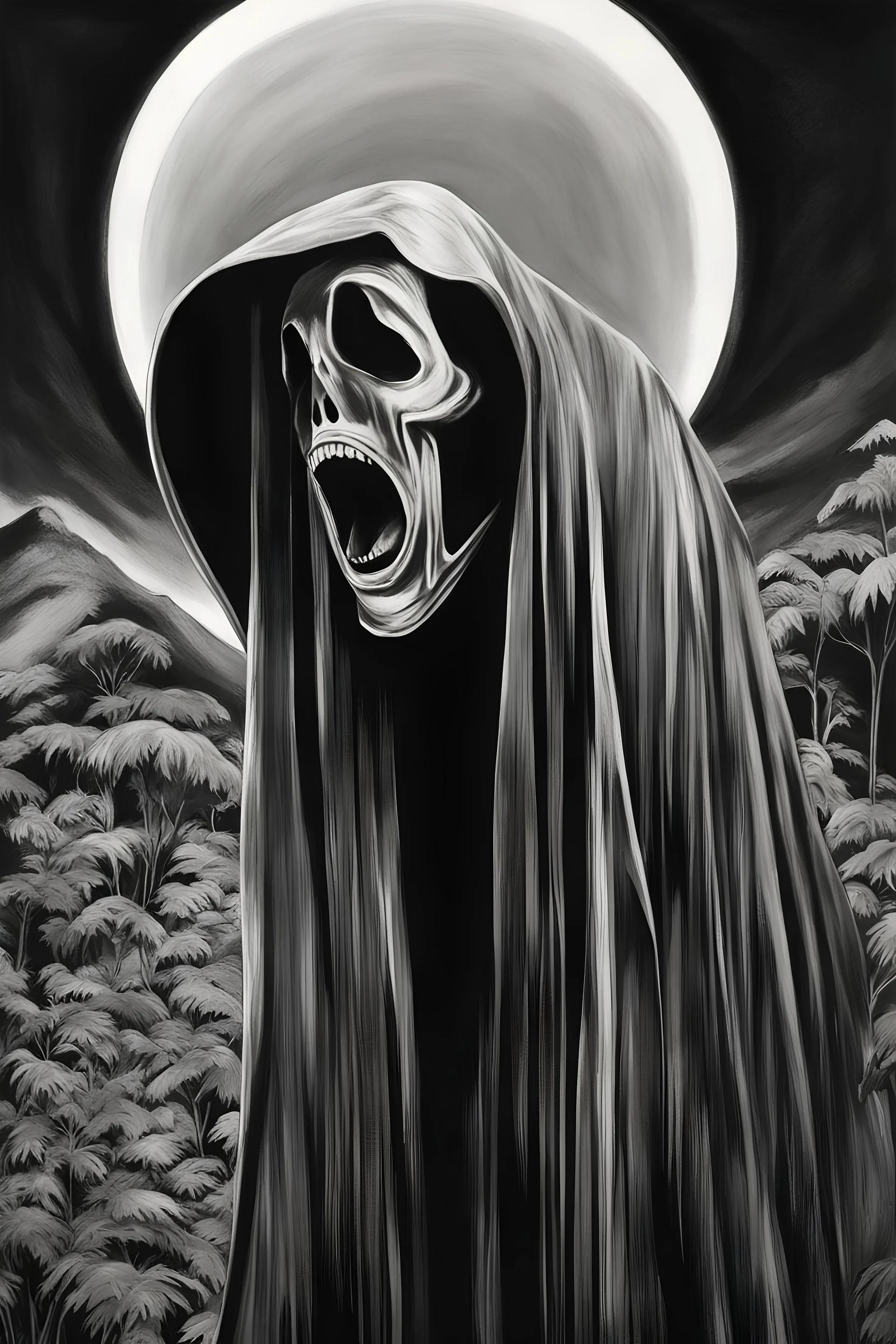 Ghostface, Scream Series, negative black, white, and gray Speedpaint with large brush strokes, by Junji Ito