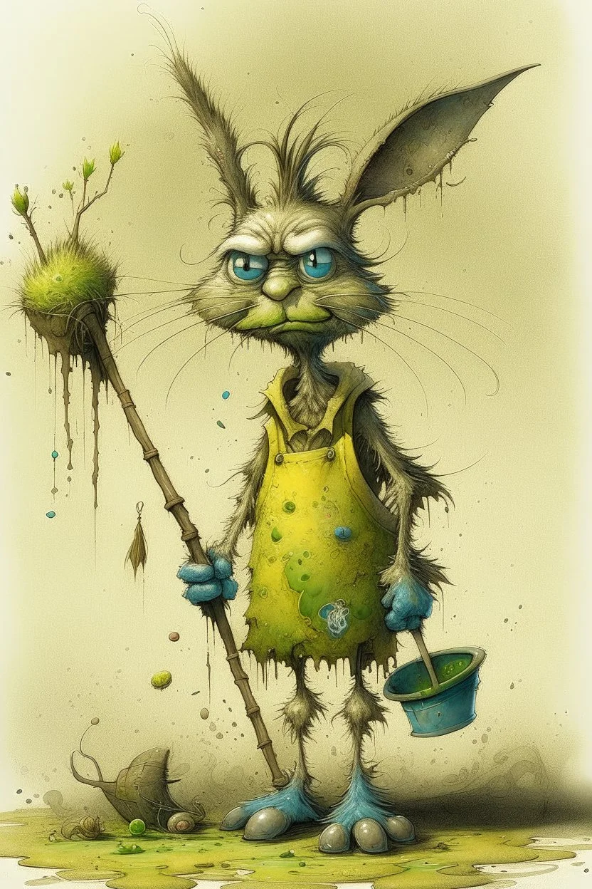 artist Jean-Baptiste Monge style. a unhappy, disgruntled biomorph tall lanky skinny fuzz-headed old dust bunny. skinny arms, legs and body. covered all over in bits of dust and dirt. blue eyes. A yellow dotted green raggedy apron. holding a mop and pail. standing in a cloud of dust. large bits of dirt flying around his head. In Style of Tim Burton