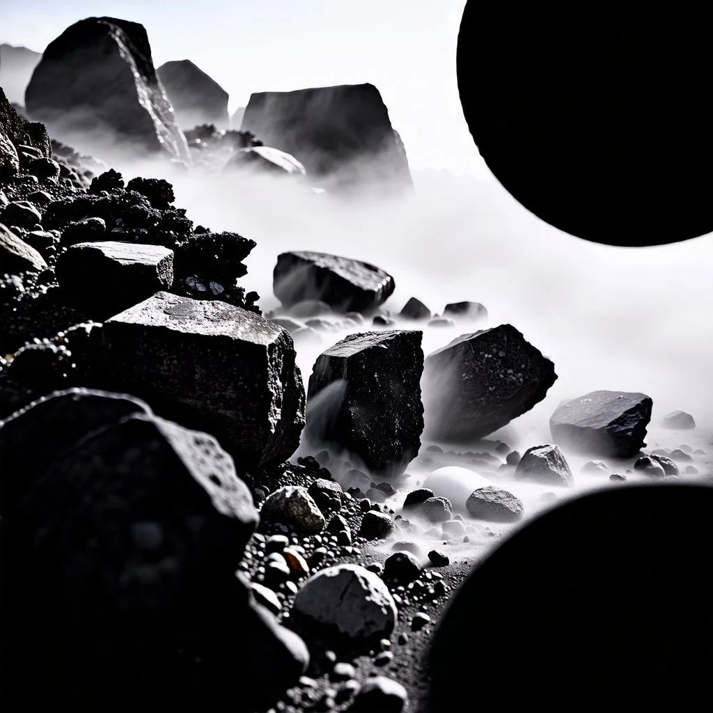 A striking quality close-up photograph captures a wasteland with odd stones, spooky, creepy, details of the dust very accentuated, glossy, organic, adorned with minerals and rocks, fog. Bathed in intense light, eerie, Max Ernst style, black sun, fog, volumetric light